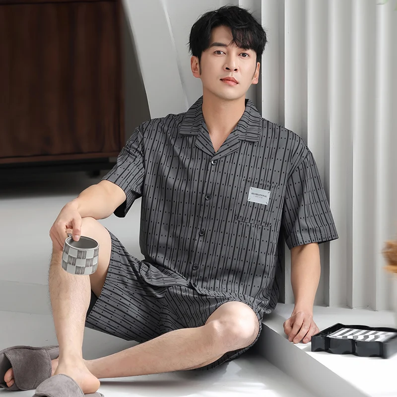 Newest Big Size M-4XL Men Short Sleeve +Short Pant Pajamas Set Summer 100% Cotton Pyjama Male Turn-down Collar Sleepwear