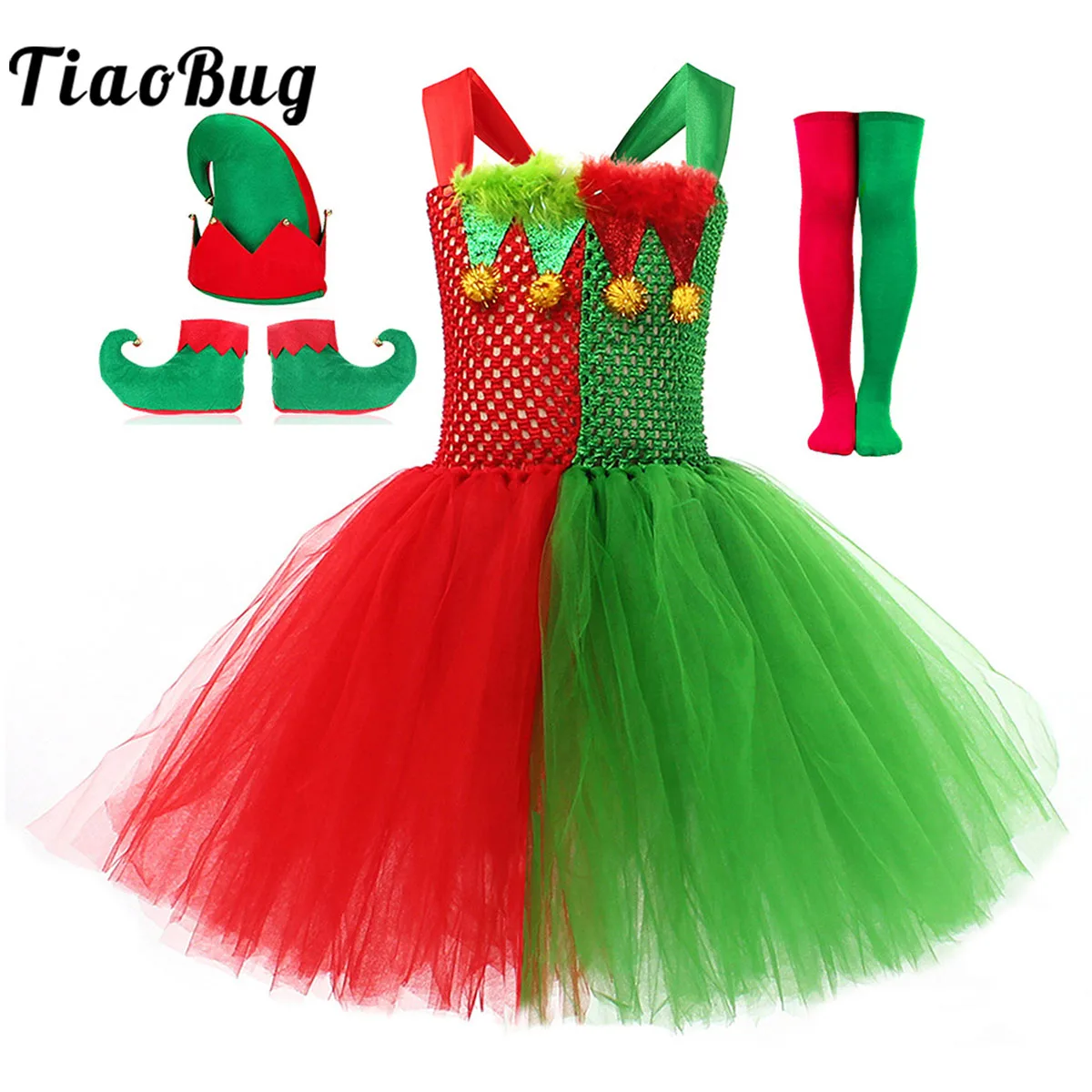 

Little Girls Elf Christmas Clown Tutu Dress Xmas Festival Red Green Fancy Dress Up Party Ballet Leotard Tutu Dress Santa Costume