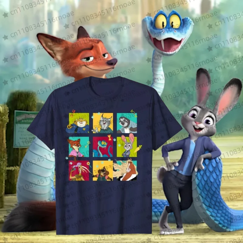 تي شيرت جديد لعام 2026 من Disney Zootopia 2 مطبوع عليه رسوم كرتونية بأكمام قصيرة مناسب لكل من الرجال والنساء ملابس الشارع للزوجين