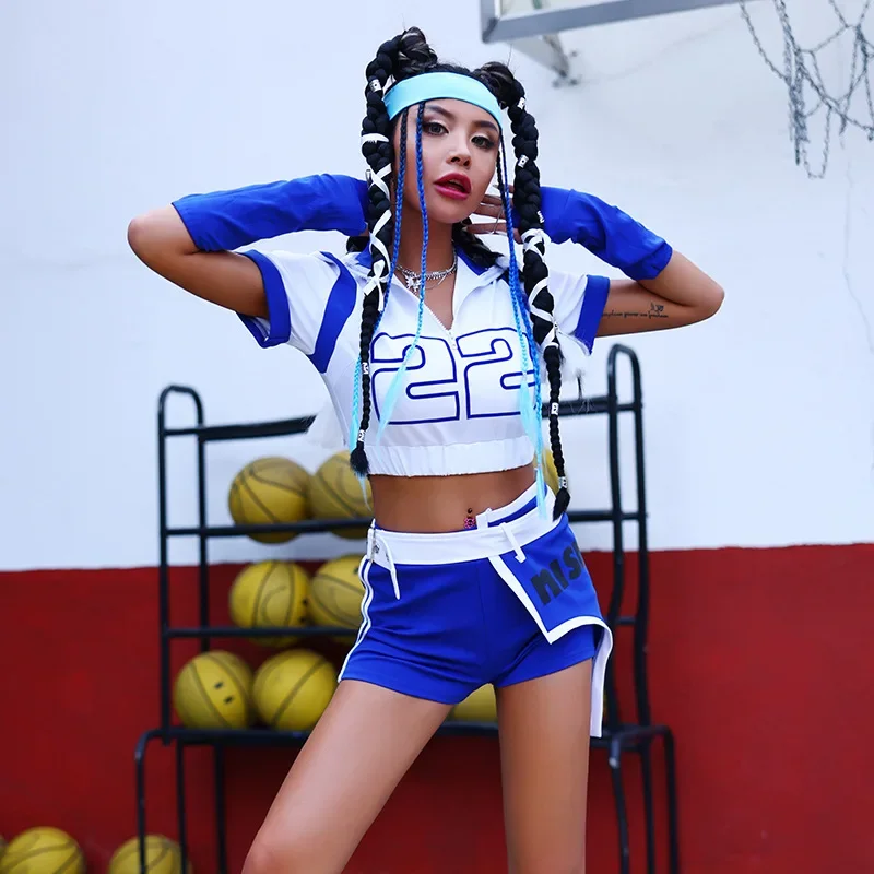 Stage Costume Kpop Outfit Women Hip Hop Clothes Jazz Street Dance T-shirt Shorts Cheerleader Festival Rave Wear Nightclub Blue