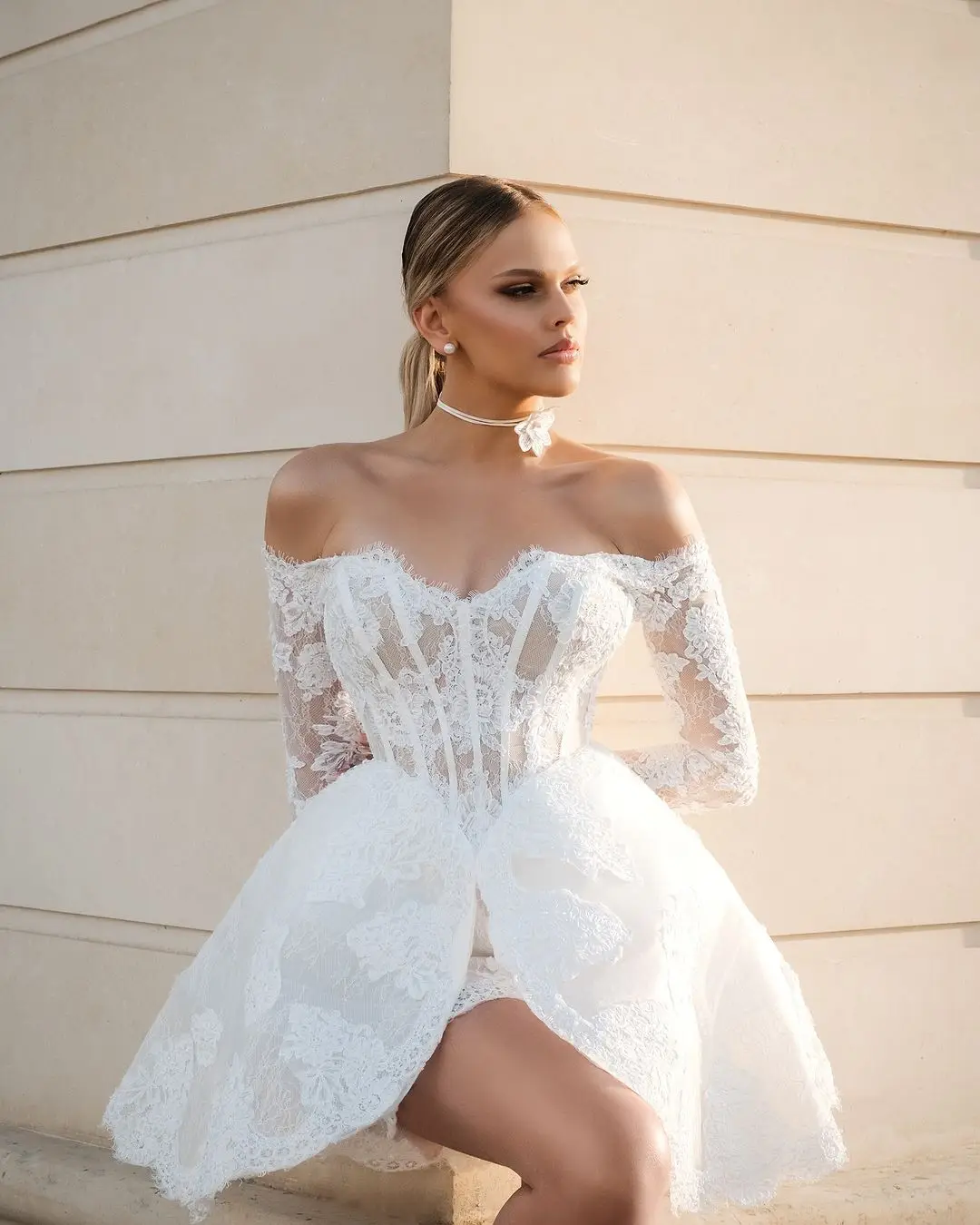 Vestido De novia De manga larga con escote Corazón, minivestido De encaje completo, hecho a medida, Formal, 2025