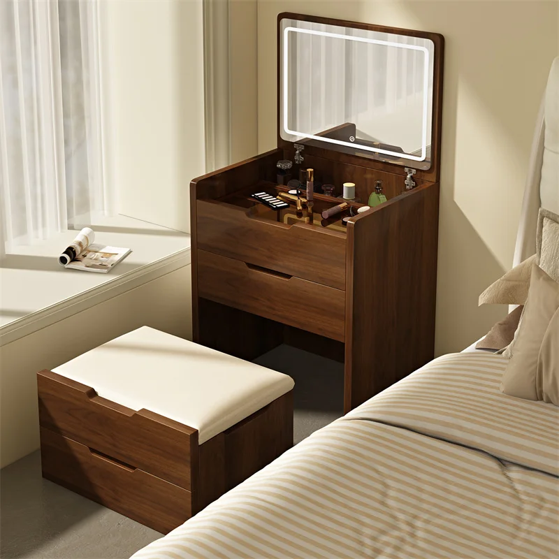 

Makeup table Dresser Solid wood simple modern 2025 new master bedroom small apartment smart with lamp flip mirror
