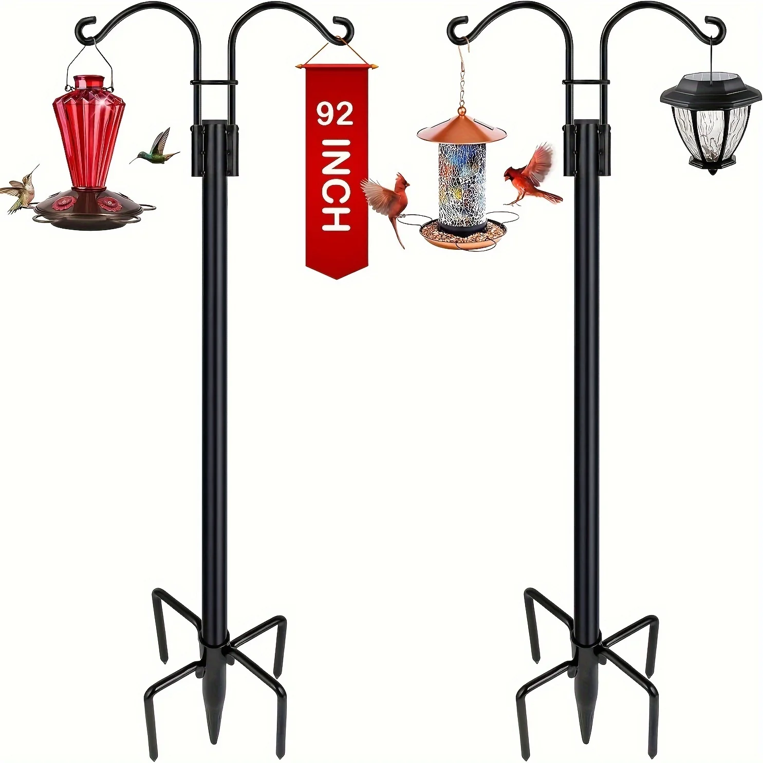 Double Shepherd Hook Outdoor, Heavy-Duty Garden Pole Hanging Bird Feeder, Plant Basket, Solar Light,