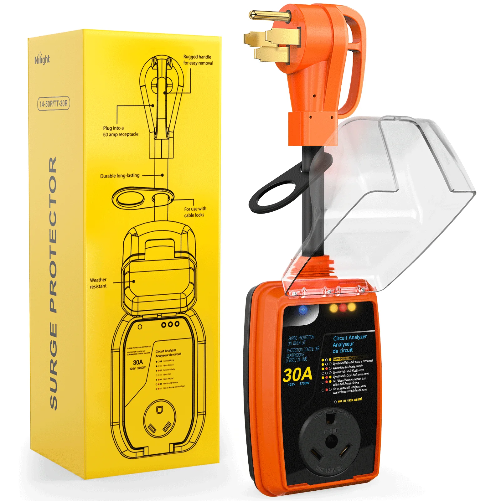 Nilight 50 to 30 Amp RV Surge Protector Power Adapter 4200 Joules Voltage Monitor 14-50P to TT-30R Converter 125V/3750W Waterproof Circuit Analyzer with Extension Cord for Camper Travel Trailer