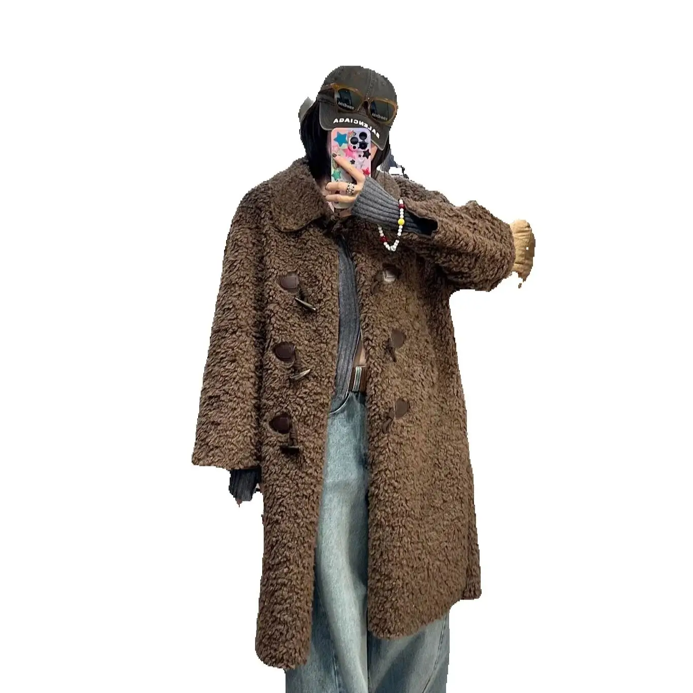 Eco-friendly lambskin fur coat for women 2025 winter, with horn buttons for warmth, a long, one-piece fur and fleece coat