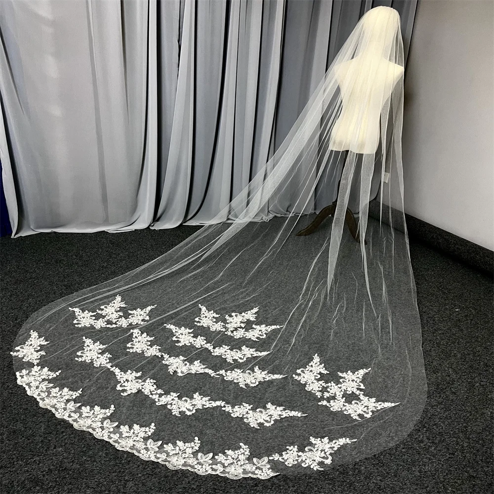 Voile de mariage long luxueux avec peigne, tulle cathédrale à une couche, voile de patients, bord en dentelle pour les mariées, blanc et ivoire