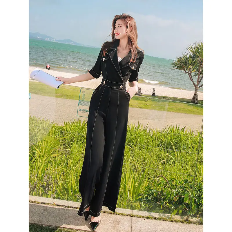 Women's Wide Legs Playsuits 2022 Summer High Waist Blazer Jumpsuits Ladies Fashion Noched Collar Long Romer Short Sleeved