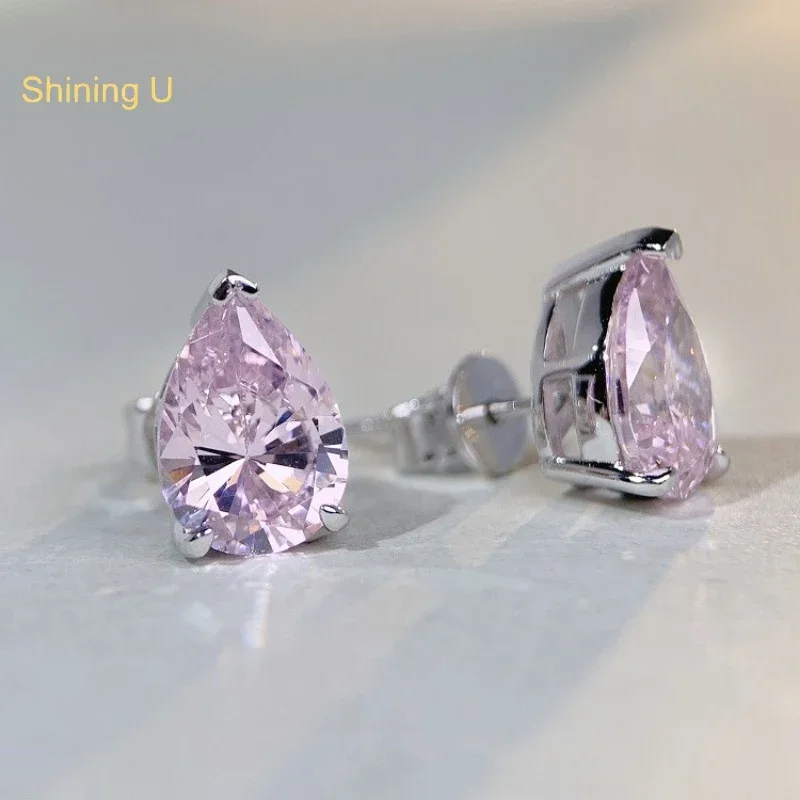 

Shining U S925 Silver 3CT Pink Waterdrop Gems Stud Earrings for Women Fine Jewelry Anniversary