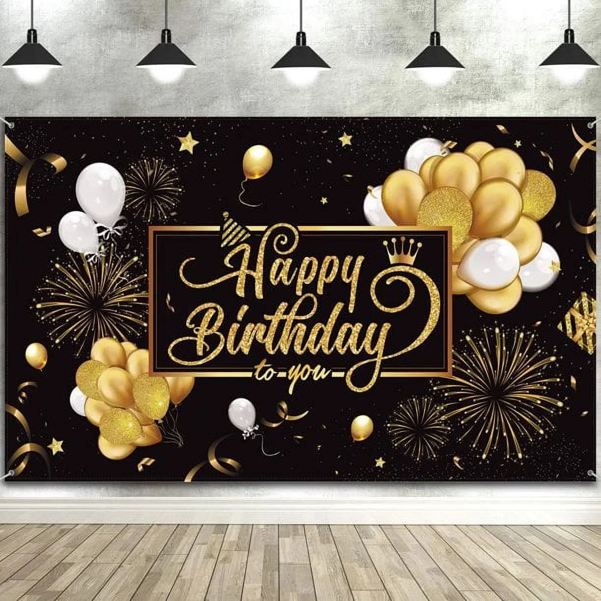 Geburtstagsbanner-Hintergrund, dekoriert mit großem schwarz-goldenem Party-Logo, Poster, Fotokabine, 30., 40., 50., 60., 70. und 80.