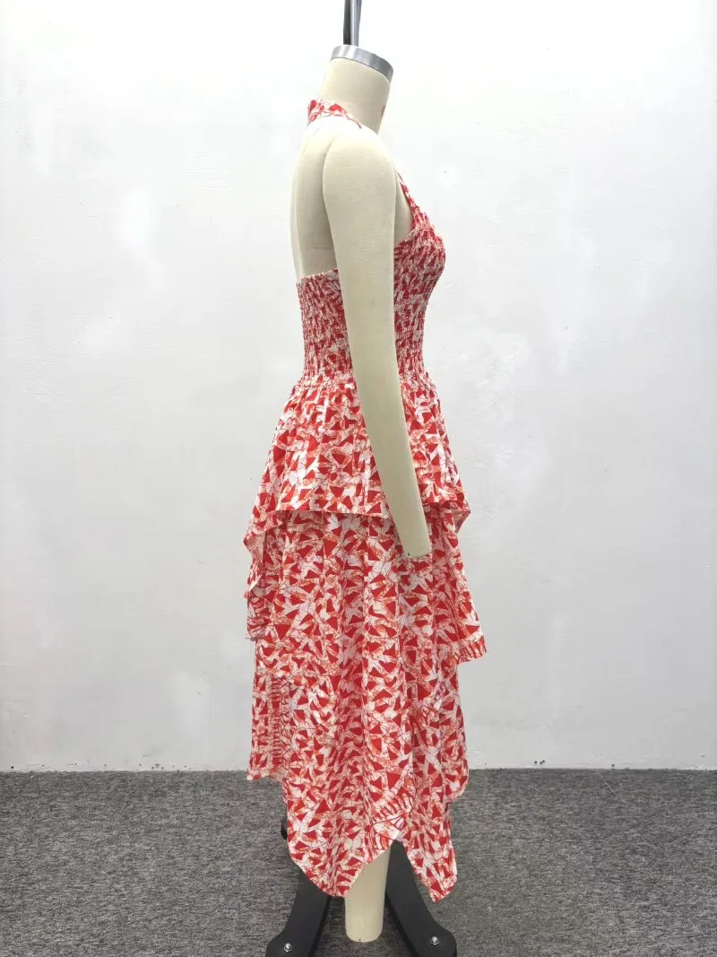 Afrikanische Mode Damen Neckholder Bedrucktes Maxikleid Korsett Hohe Taille Gestuftes Unregelmäßiges Kleid Sexy Ärmelloses Sommer Langes Kleid – Detail 4