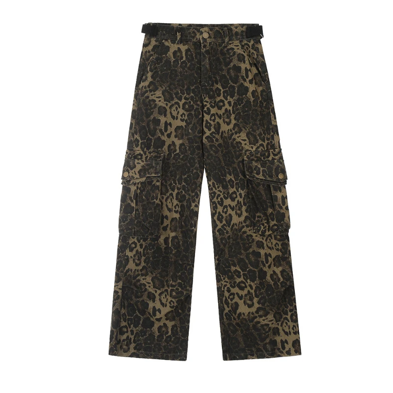 QWEEK Leopard Print Pants Women Y2K High Waist Multiple Pockets Vintage Trousers Streetwear Hip Hop Loose Wide Leg Cargo Jeans