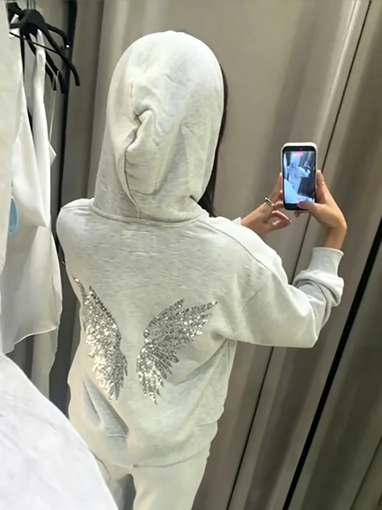 Chic Fashion Hooded Sweatshirt Zip Up Loose Stylish Retro Sequin Autumn Casual Women Coat Street Daily Classic Street Outfit