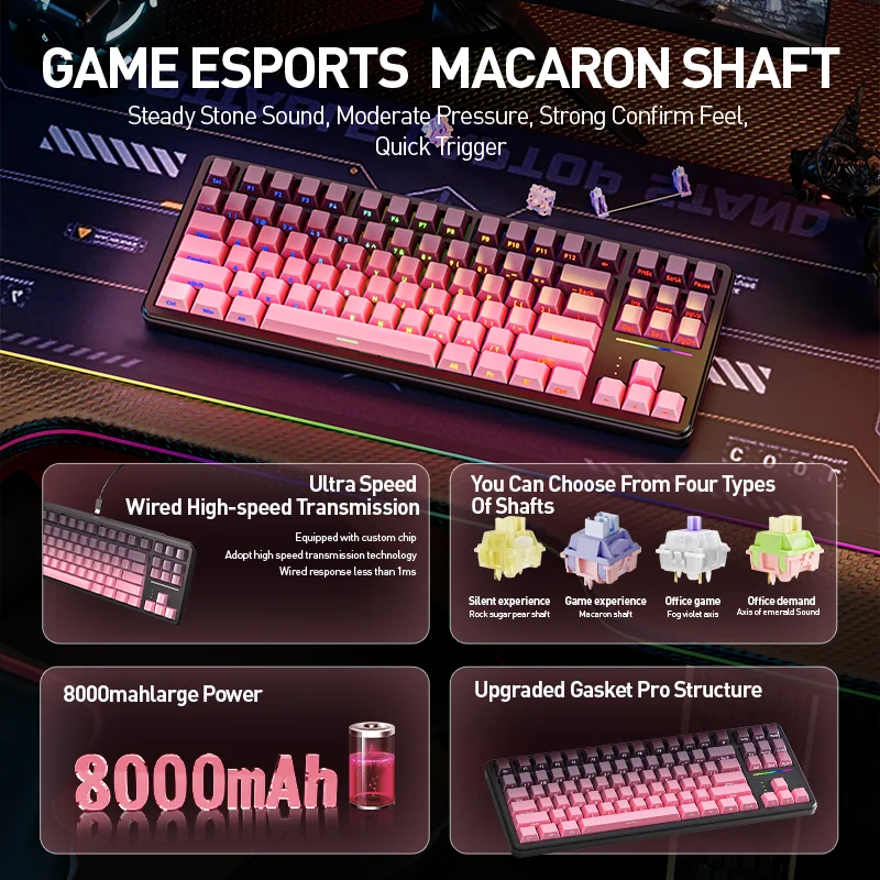 Langtu T88 Mini Wireless Mechanical Keyboard 80Keys Gaming Bluetooth 2.4G Wired Keyboard RGB Hotswap Gamer Non-contact Keyboard