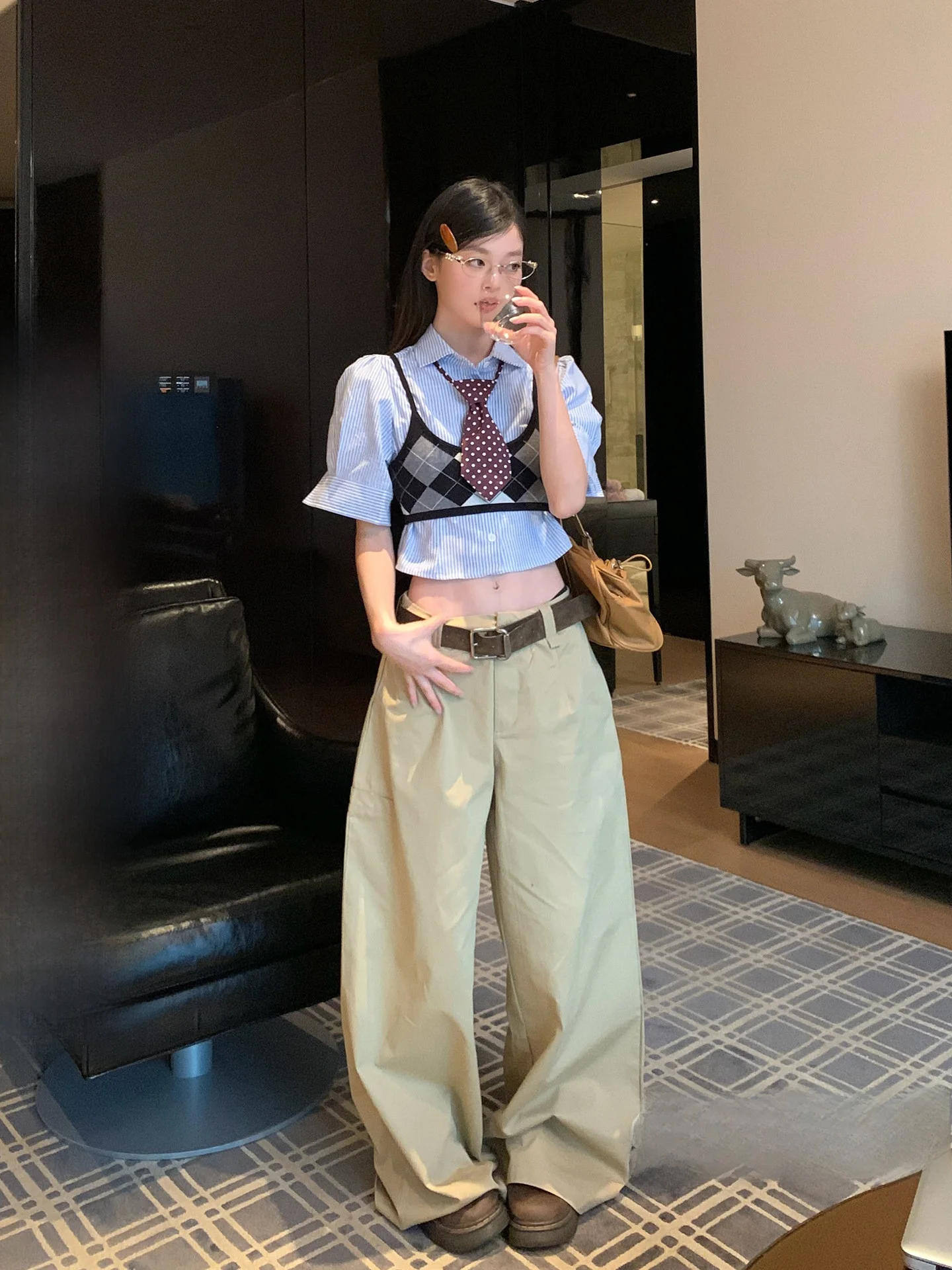 

Kaki Color Straight Leg Casual Pants Women's High Waist Loose Wide Leg Floor-Length Pants Summer New Style Sòngzhèngēn Brand
