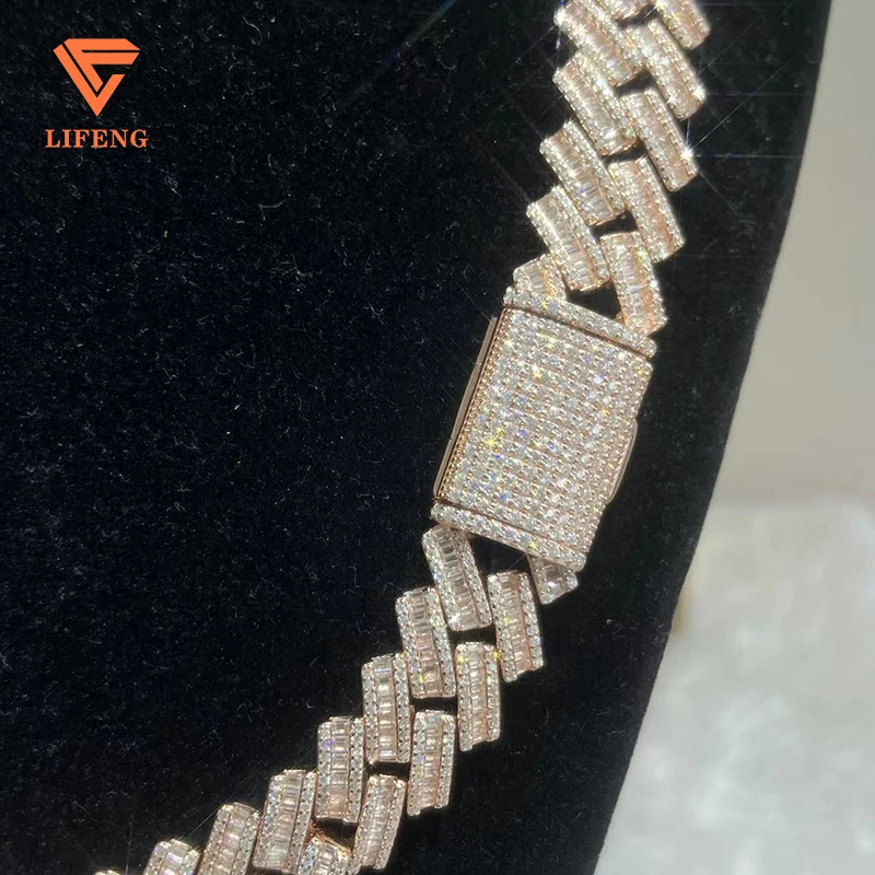 New Arrival Fashion Jewelry 925 Silver 15MM Iced Out VVS Moissanite Necklace Round&Baguette Diamonds Hiphop Mens Cuban Chain