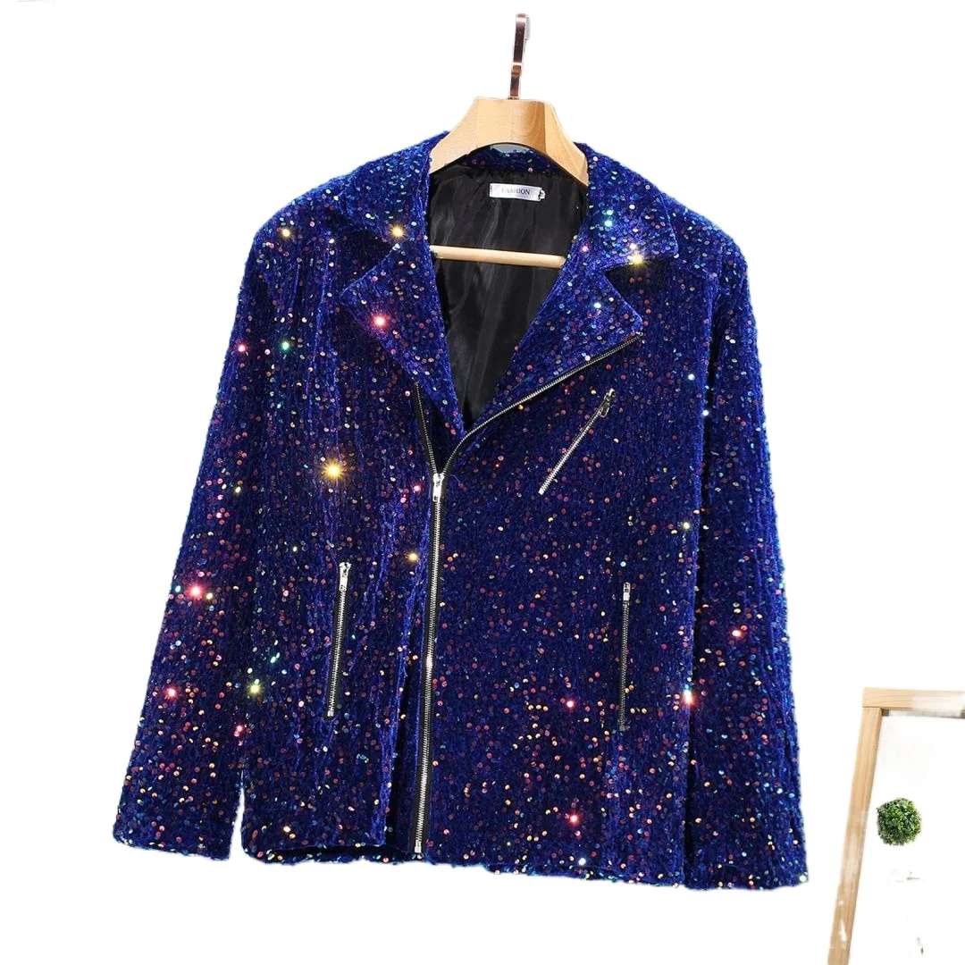 

Men's Casual Jacket Coat with Rainbow Galaxy Sequins and Glitter Motorcycle Jacket