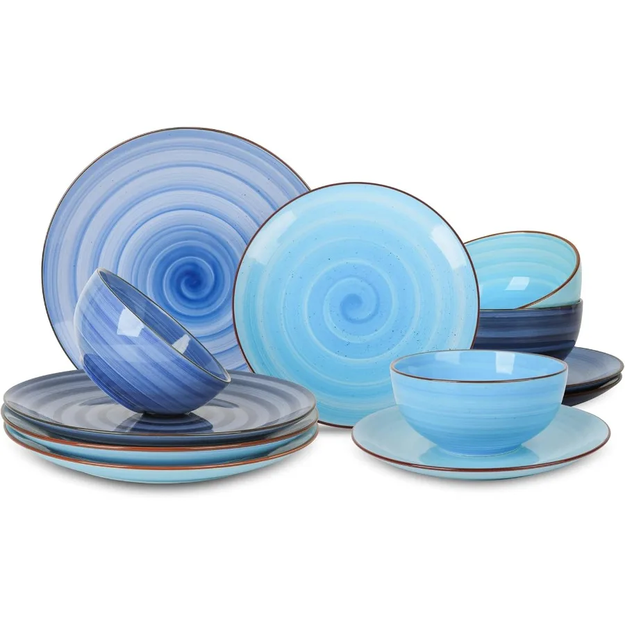 

Ceramic Dinnerware Sets 12 Pieces Plates and Bowls Sets Scratch Resistant Dishes Set for 4 Handpainted Swirl Dishware Sets with