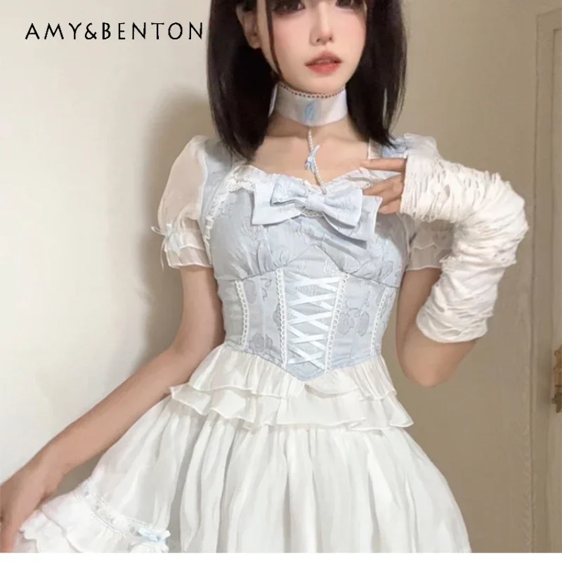 2024 New Japanese Jk Uniform Original Design Vintage Summer Ballet Style Blue Bow Top Cake Skirt Veil Breathable Suit For Girls