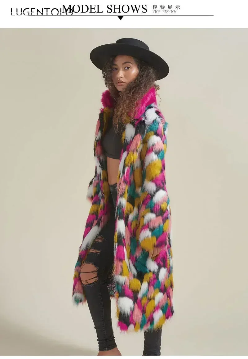 Women Faux Fur Long Coat Rainbow Colorful Fashion Faux Fox Fur Autumn Winter Lady Casual Street Warm Quality 2023 Cloth