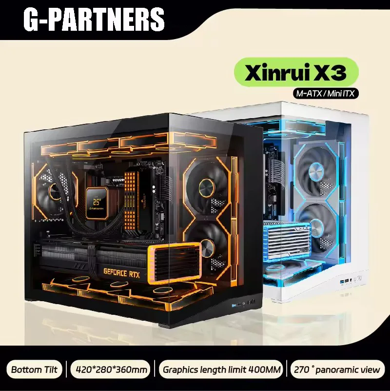G-PARTNERS Xinrui X3 MATX/Mini-ITX 360 Water Cooler PC Gaming Case Sea View Room Bottom Tilted Computer Chassis Gabinetes gamer
