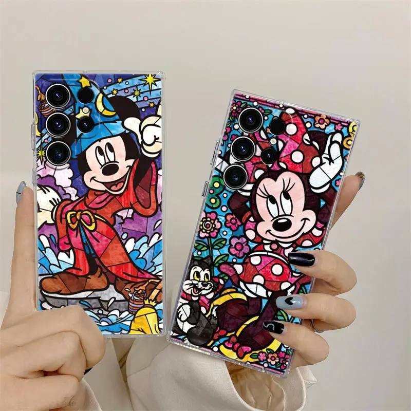 Disney Stained Painting Minnie Mickey Phone Case For Samsung Galaxy S24 S25 S23 S21 Ultra S20 FE S22 Plus A35 A55 5G Clear Cover