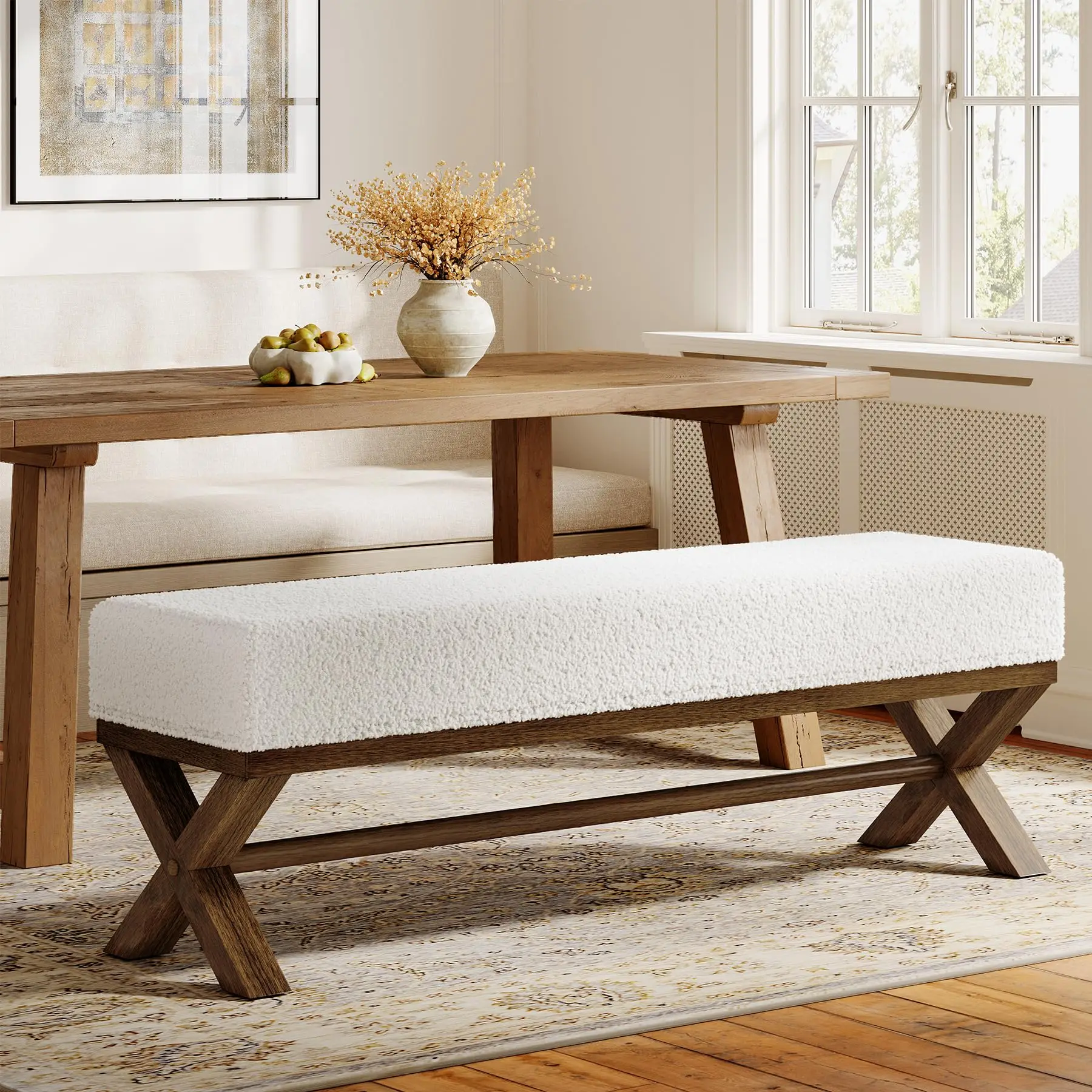 51.18-Inch Solid Wood Dining Bench, Modern Dining Bench with Faux Shearling Padded Seat and X-Shaped Legs, Upholstered