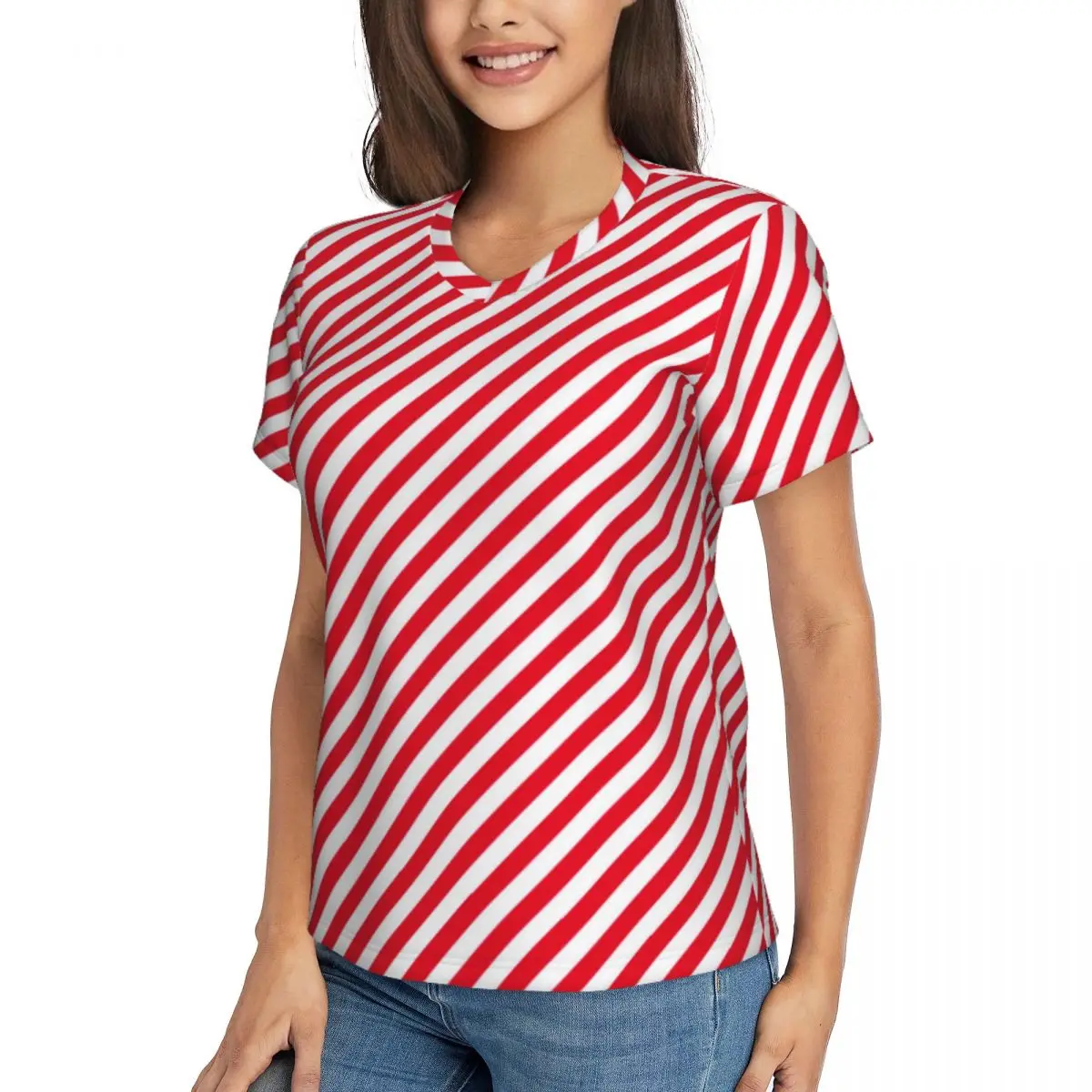 Red Striped T-Shirts Christmas elf Street Fashion V Neck T-Shirt Short Sleeve Trendy Oversized Tees Summer Clothing Gift Idea