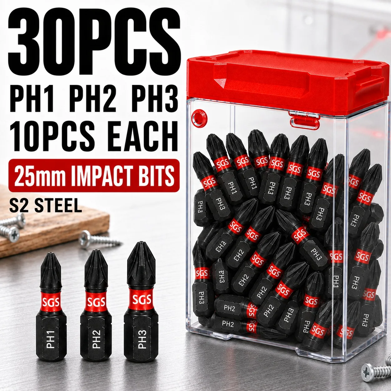 30-teiliges Set aus 25-mm-S2-Stahl-Schraubendreher-Bits, stoßfest, erhältlich in den Ausführungen PH Phillips Kreuzschlitz PH1 PH2 PH3 oder PZ Pozidriv Sternschlitz PZ1 PZ2 PZ, 0,15 kg schwere Ausführungen verfügbar, 1/4-Zoll-Sechskantschaft, wird mitgeliefert. – Detail 2