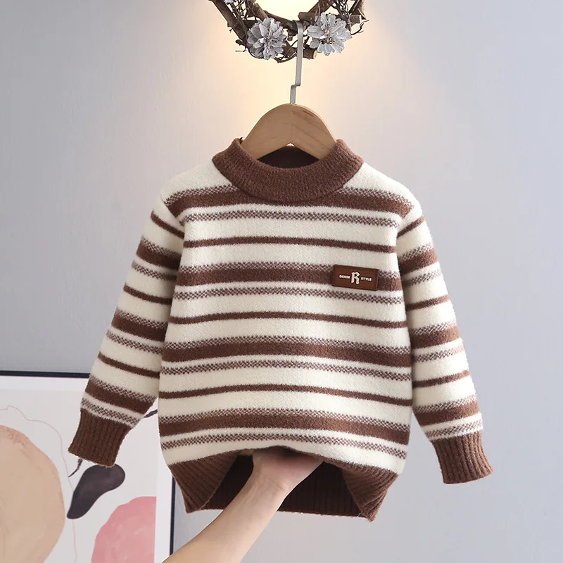 Children Boys Autumn Winter Sweater Cotton Sticker Striped Little Boy Pullovers Round Collar Casual Colorful Knitwear HY11121 image 3