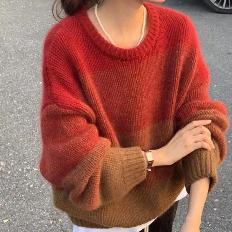 Autumn Winter Women's Fashion Contrast Color Gradient Sweaters Korean Round Neck Loose Fit Spliced Knitted Tops Female Clothing