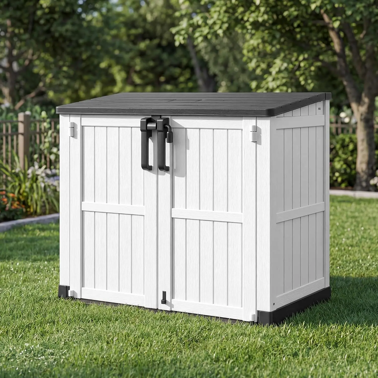 Armário de Armazenamento Horizontal Externo com Portas Duplas com Fechadura, Caixa de Armazenamento Portátil à Prova d'Água, Galpão de Armazenamento de Resina Plástica Resistente para Quintal, Jardim, Deck, Quintal, Preto