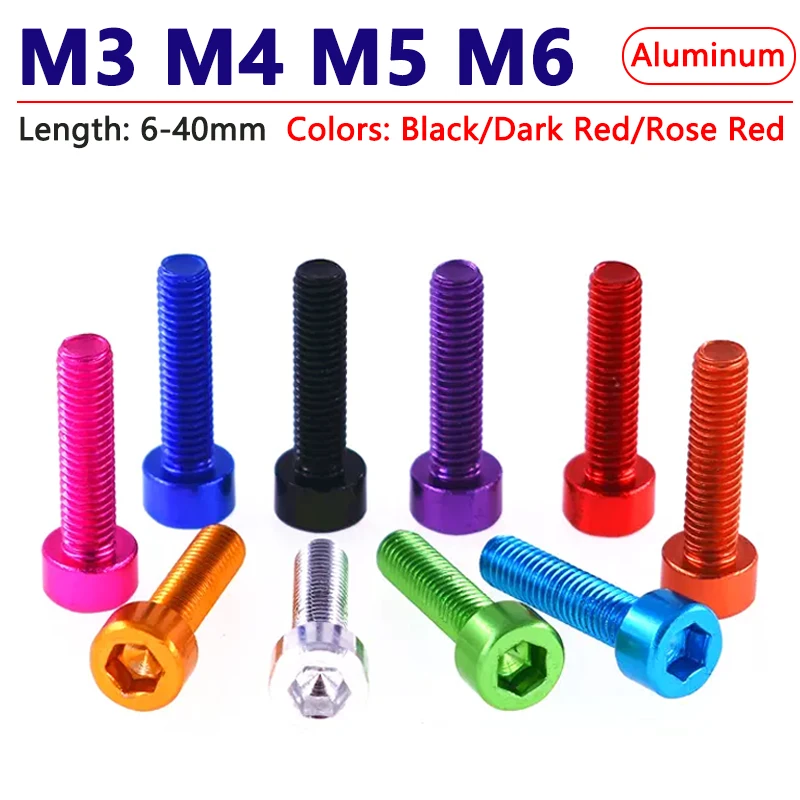 

1/10pcs M3 M4 M5 M6 Hex Hexagon Socket Head Cap Screws Aluminium Cylindrical Head Allen Bolt Anodizing Length 6-40mm Black Red