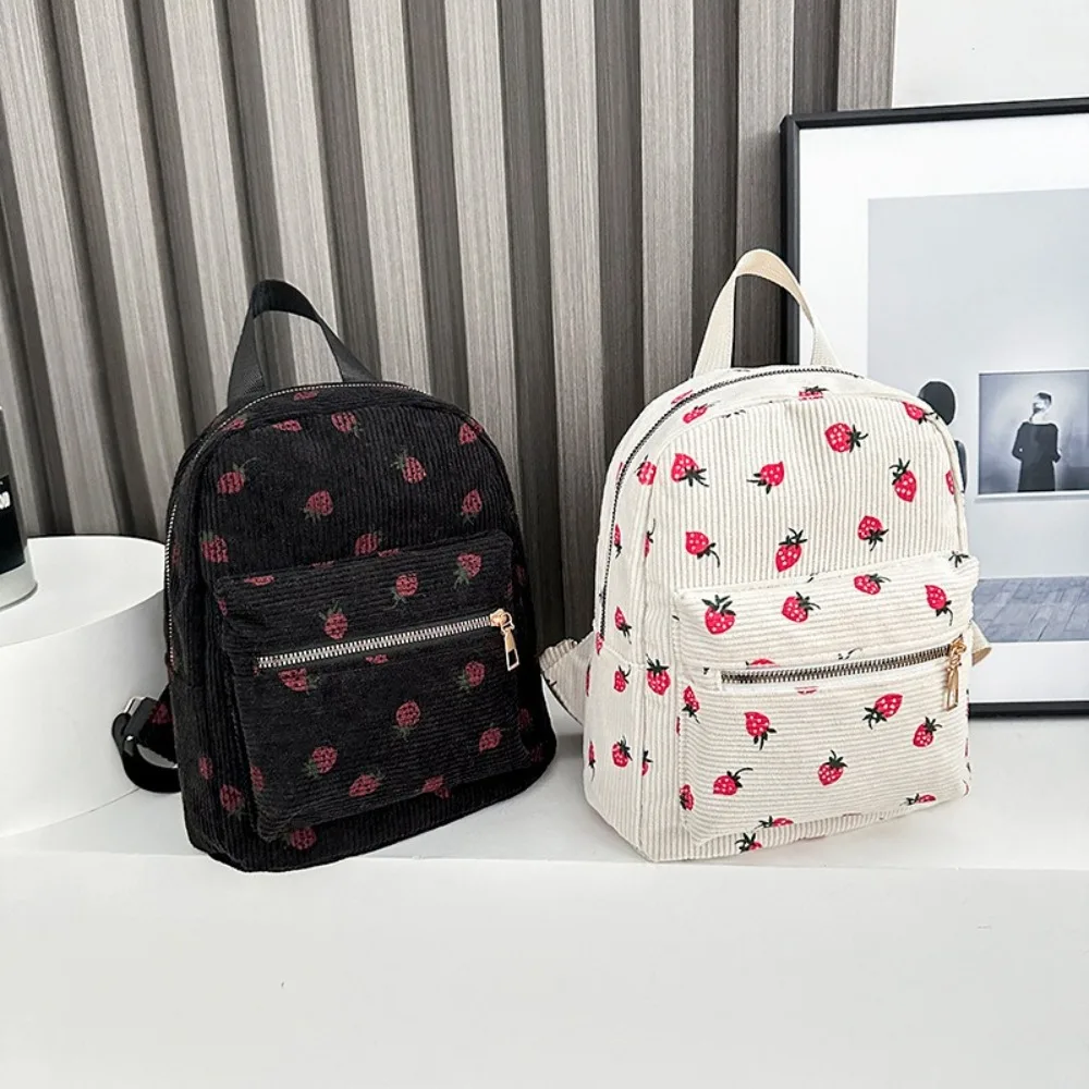 Corduroy Strawberry Backpack Casual Travel Backpack Large Capacity Daily Rucksack Multi-pockets Adjustable Strap for Women Girls