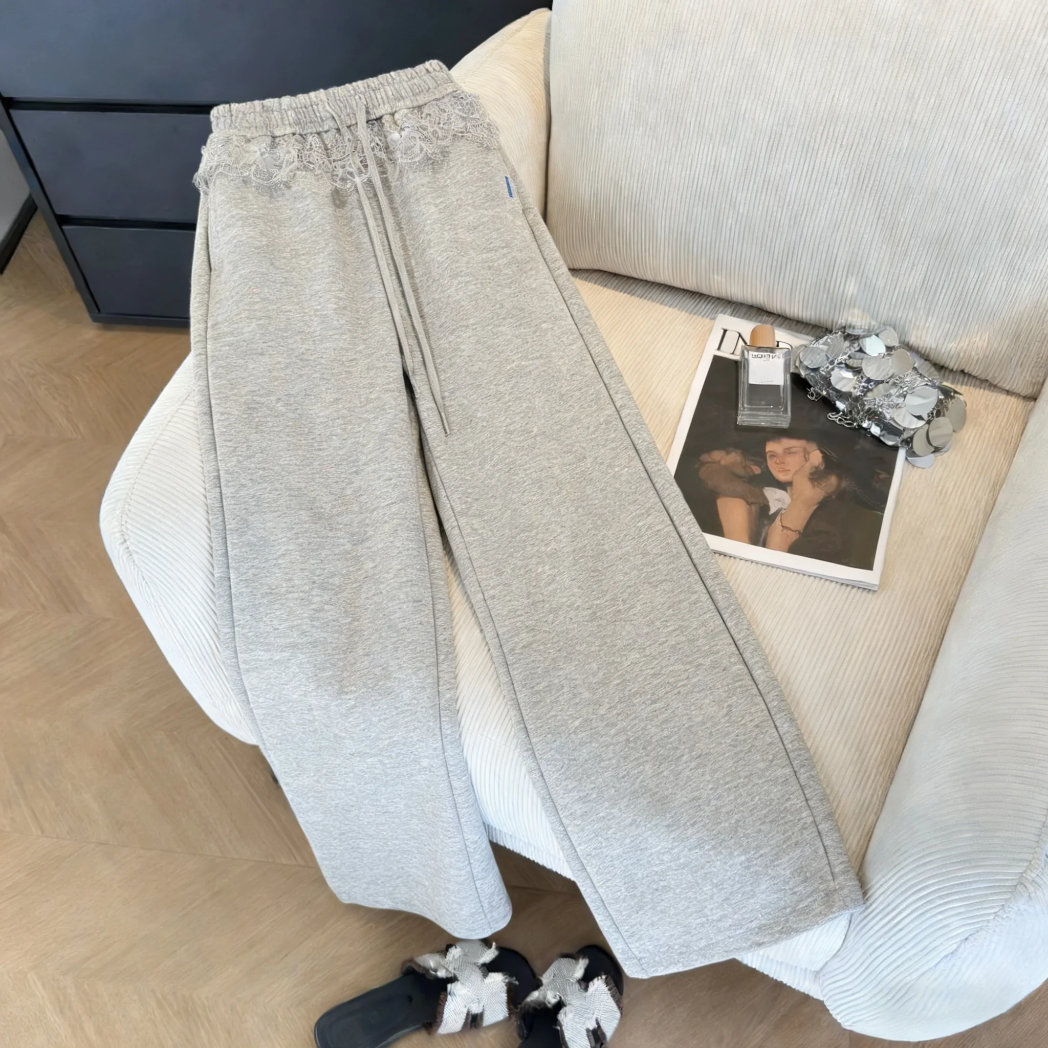 

Retro American ey Lace Trim Splicing Straight Leg Casual Pants Women Spring Autumn Design Wide Leg Pants Casual Match