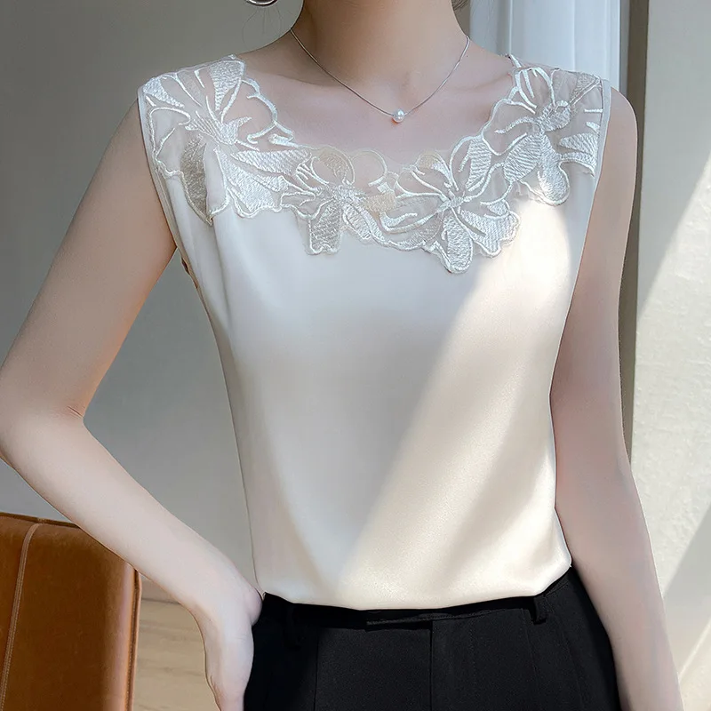 Débardeur sans manches en satin de soie pour femme, haut précieux, costume pour femme, doublure en dentelle inférieure, gilets à bretelles,
