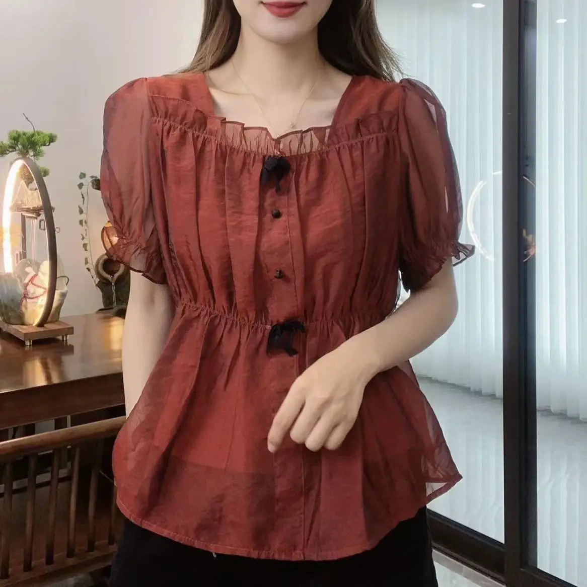 Summer Outfit New Chiffon Shirt with Fashion Short Sleeve Top Lish Age Reducing Waist Cinching Slim Versatile Small Shirt