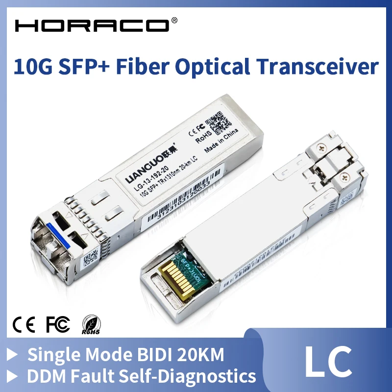 Transceptor de módulo de fibra 10G SFP+, módulo de fibra óptica DDM LC de 20KM, modo único, Compatible con el interruptor HORACO SFP