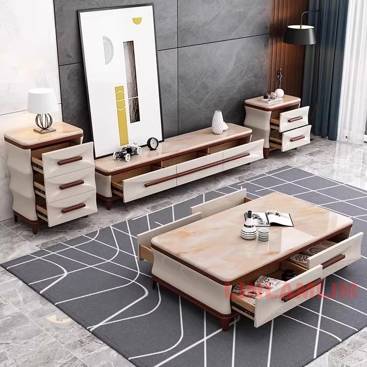 MANBAS Modern Luxury Living Room Furniture Set - Coffee Table, TV Stand, and Side Cabinets with Marble Finish and Wooden Accents