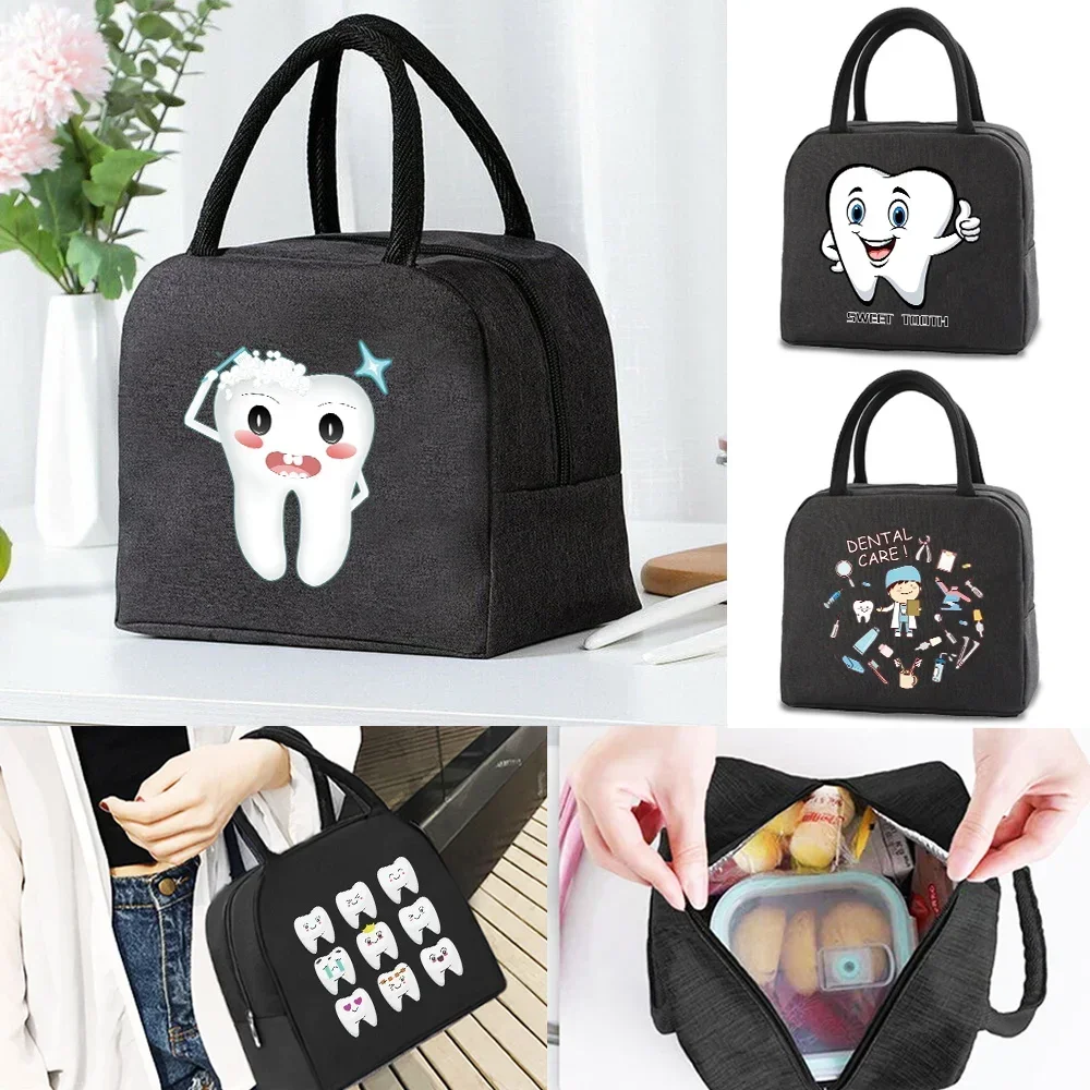 

Women's Lunch Bag Canvas Insulated Insulated Bag Stylish Simple Black Lunch Bag Teeth Pattern Print Suitable for Office Picnics