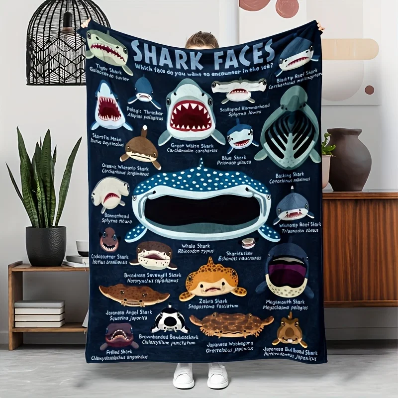 Cozy Shark Face patterns Flannel printed blanket suitable for all seasons suitable for living room office sofa and travel