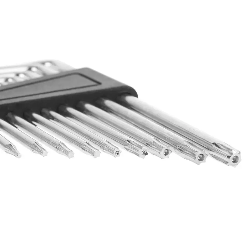 9PCS L-shape Hex  Set Torx Star Hex Wrench Tool Set with Holes Hardware Tool Kit - Silver + Black Clip T6,T7,T8,T9,T10,,T2