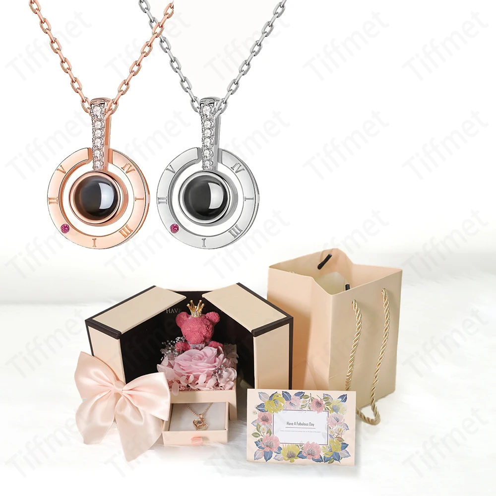 Round Zircon Necklace With Double Door Bow Bear Rose Gift Box For Girlfriend Mom 2024 New In Romantic Mother’s Day Birthday Gift