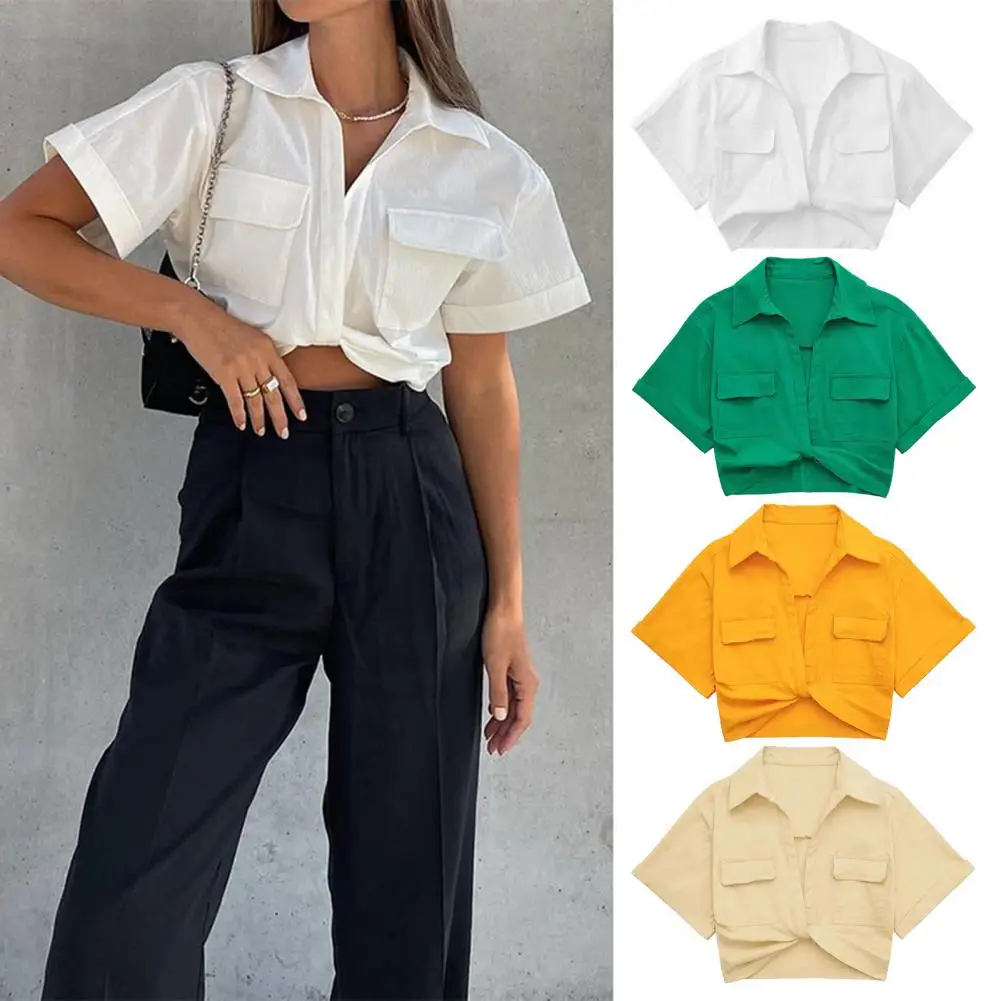 Women Slim Fit Shirt Versatile Women's Short Sleeve Shirt Slim Fit with Lapel Chest Pockets Stylish Summer Tops for A Chic Look