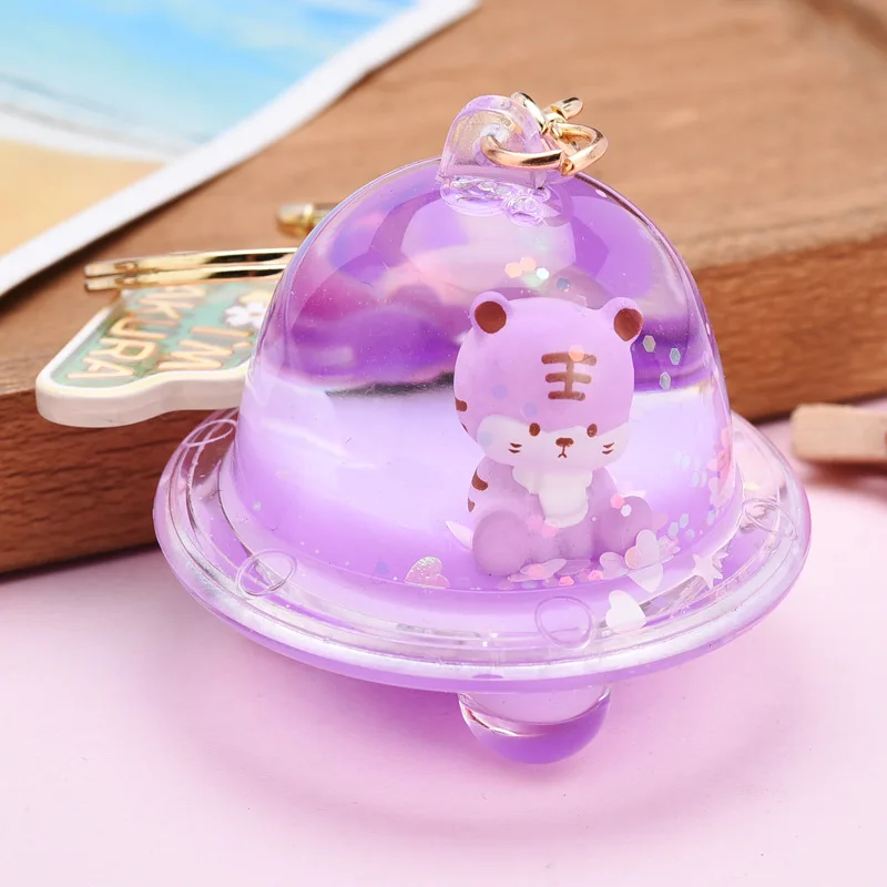 Fashion Love Sequins Floating Tiger Spaceship Keychain Sakura Pendant Cute Tiger Doll Quicksand Liquid Key Chain Girl Bag Charm