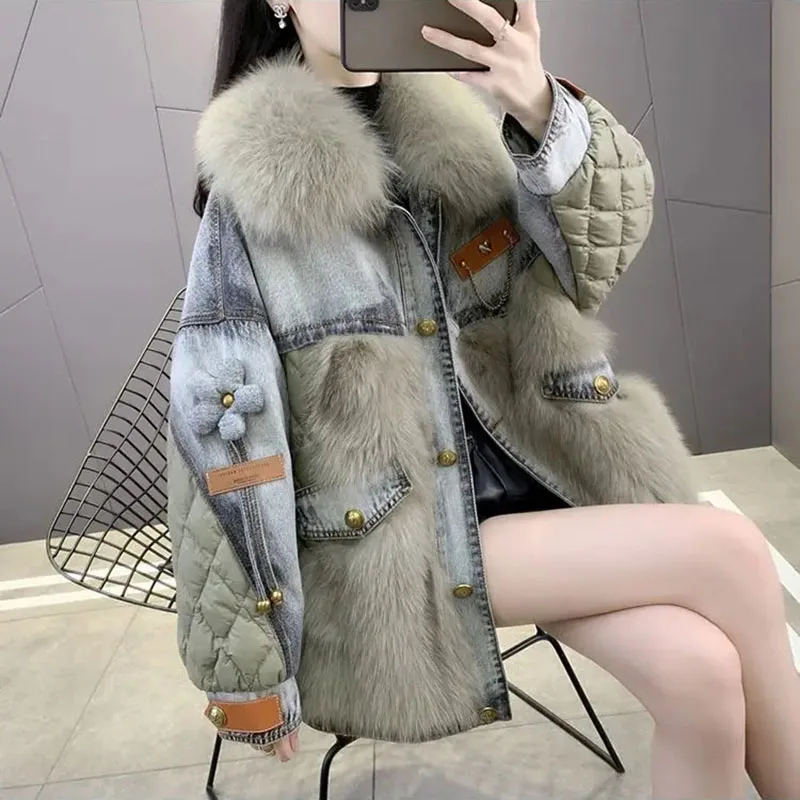 

Denim Slimming Fur Jacket Medium Length Cotton Padded Coat Overcoat For Women 2024 Winter New Style Youthful Fashion