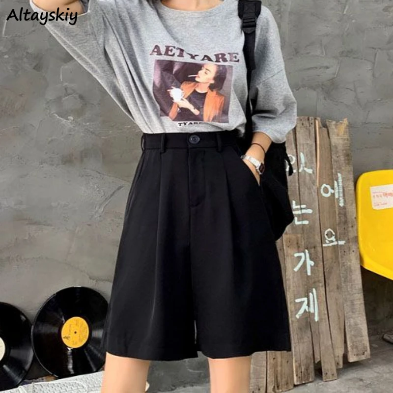 

Shorts Women Straight High Waist Black Korean Fashion Loose Fit Leisure Office Ladies Summer Breathable Cozy All-match Simple