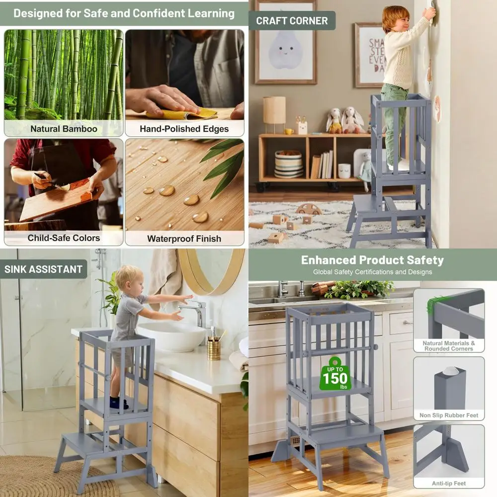 

Кухонный помощник для малышей с регулируемой высотой и защитной направляющей — обучающая ступенька серого цвета для детей