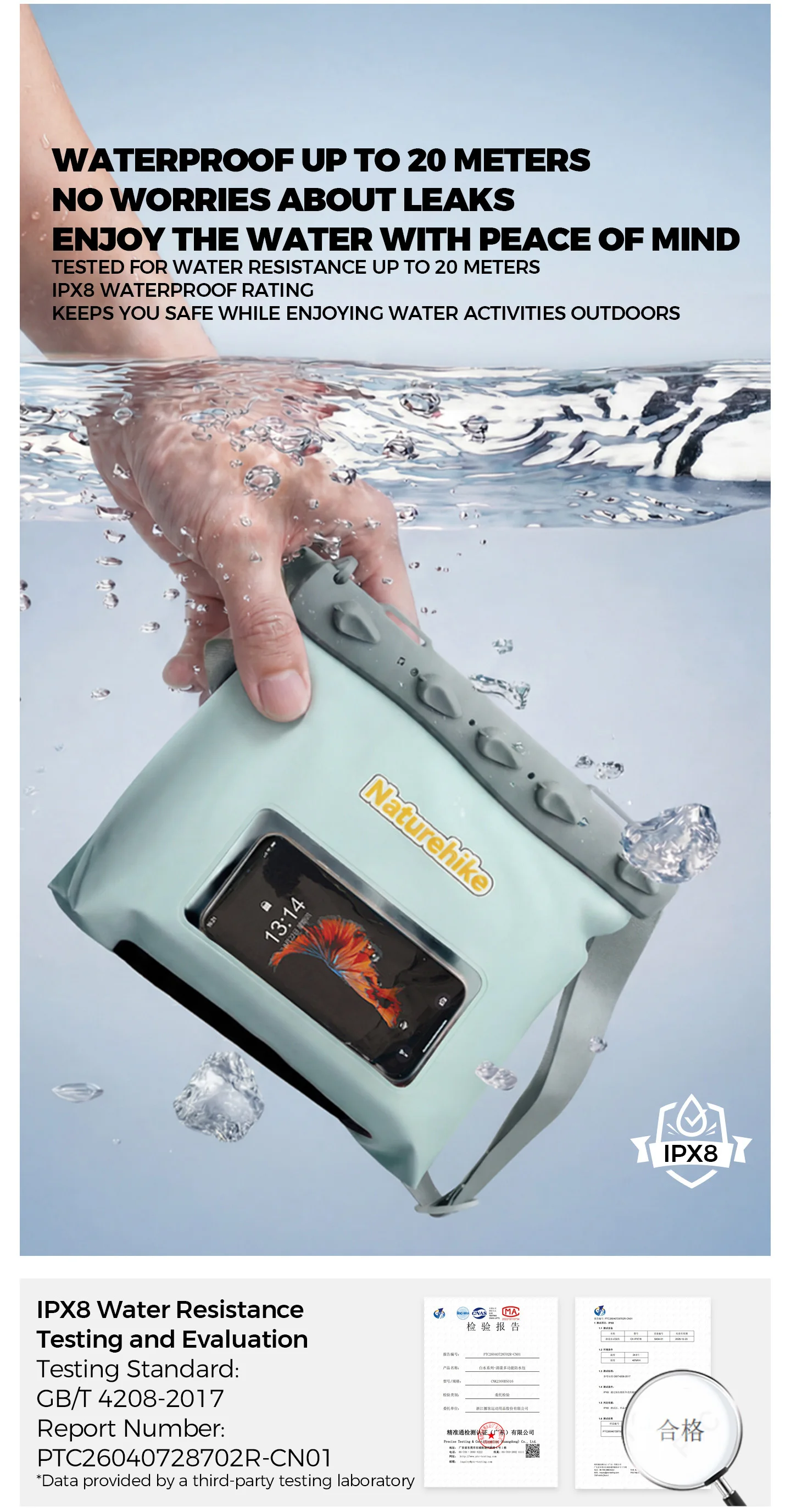 Naturehike Multifunktionale Wasserdichte Tasche Schwimm-Trockentasche Touchscreen Outdoor Wasserdichte Kajak-Drifting-Rafting-Handytasche – Detail 3