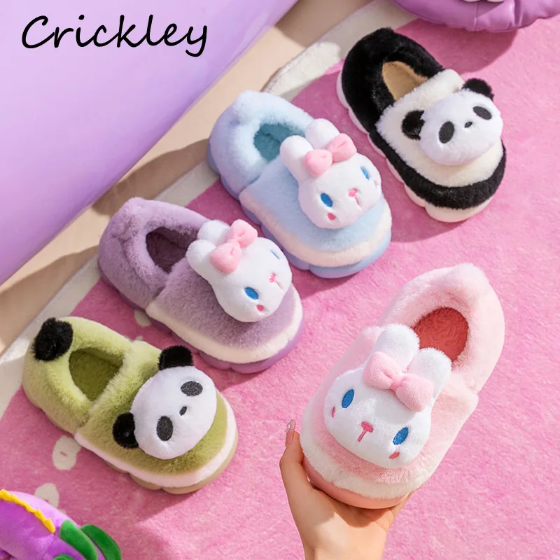 Panda coelho 3d meninas meninos sapatos de inverno novo bonito dos desenhos animados chinelos de algodão para crianças sola macia de pelúcia quente crianças chinelos