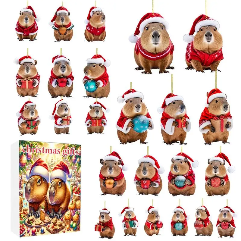 Christmas Advent Calendar Capybara Christmas Countdown Keychain Playset 2D Christmas Fantasy Character Figures Acrylic 24